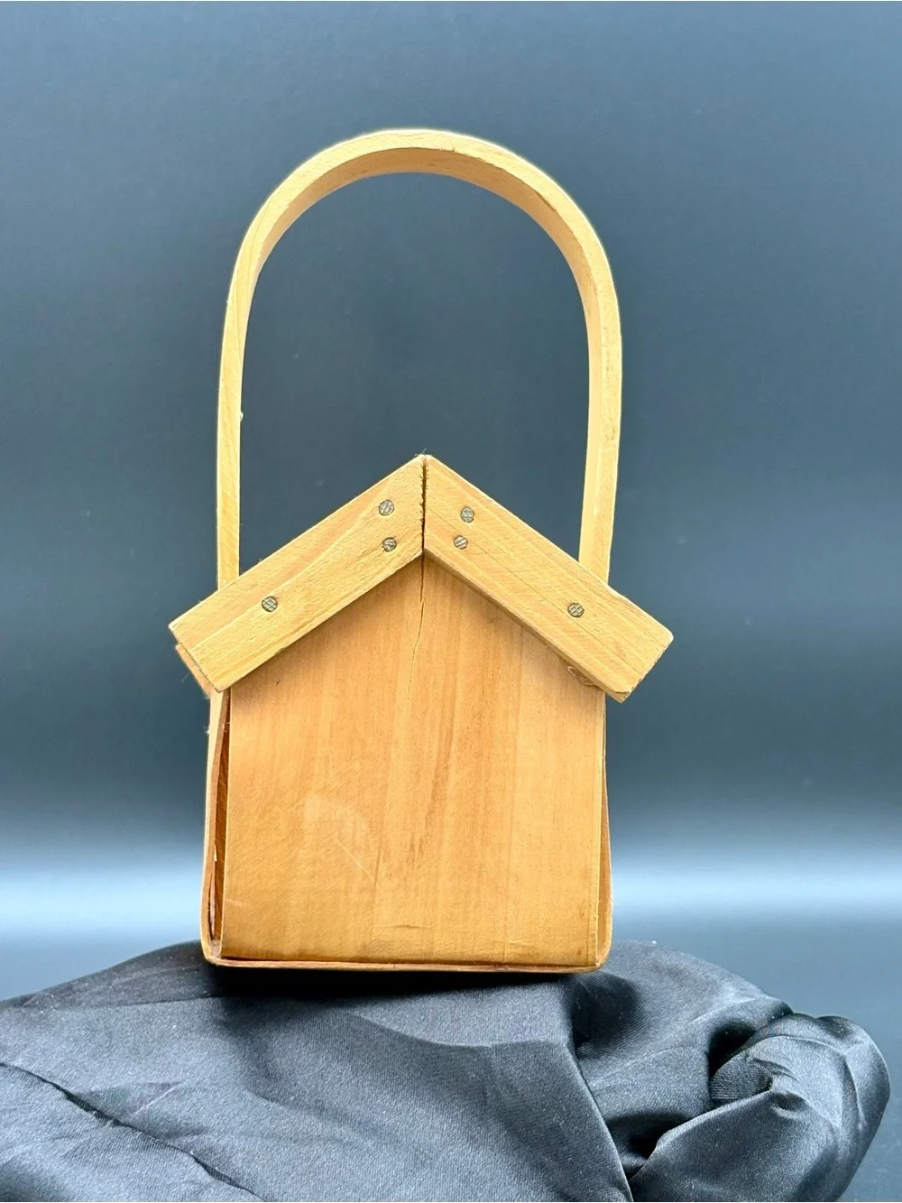 Rustic Brown Wooden House Shape Basket Tote w/ Handle 8x4x3 in Small
